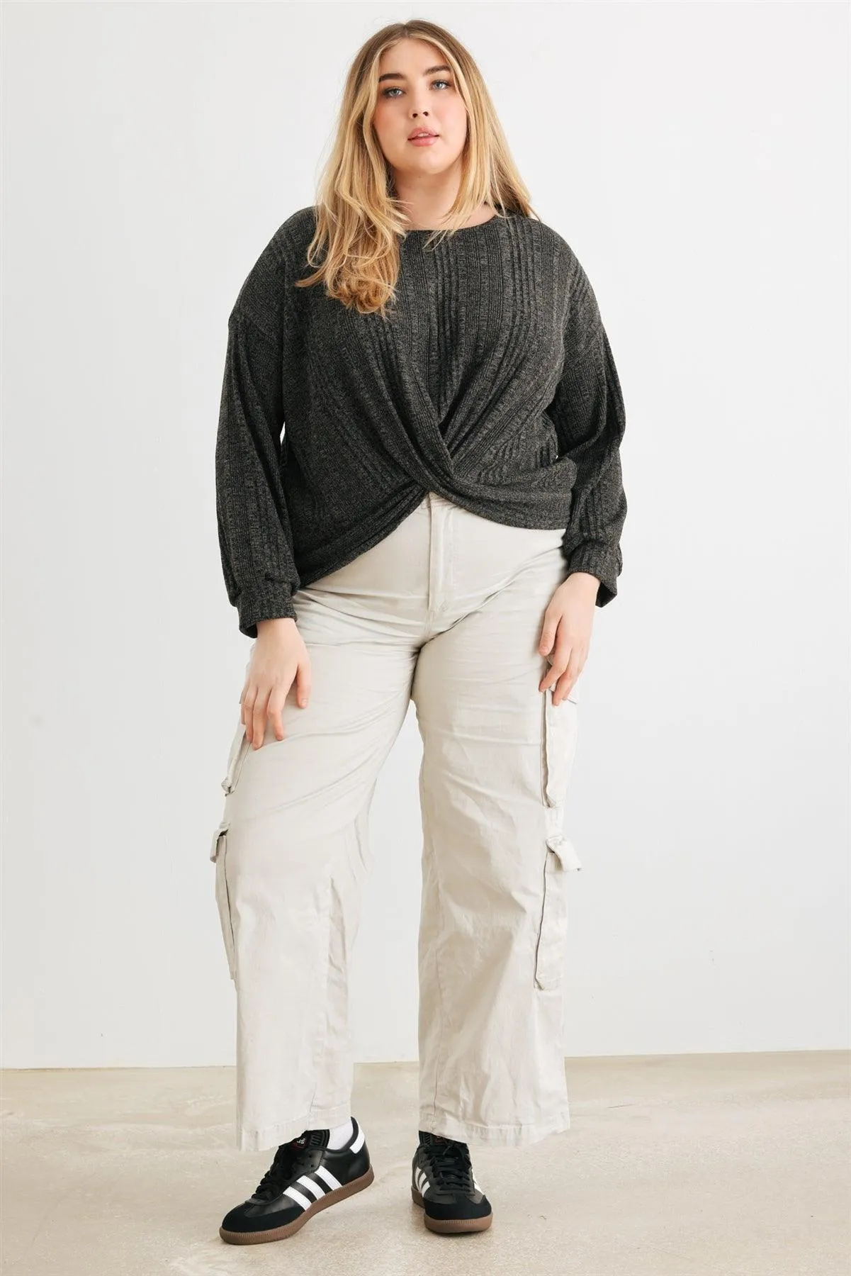 Junior Plus Charcoal Wrap Hem Back Lace-Up Long Sleeve Top /3-2-1