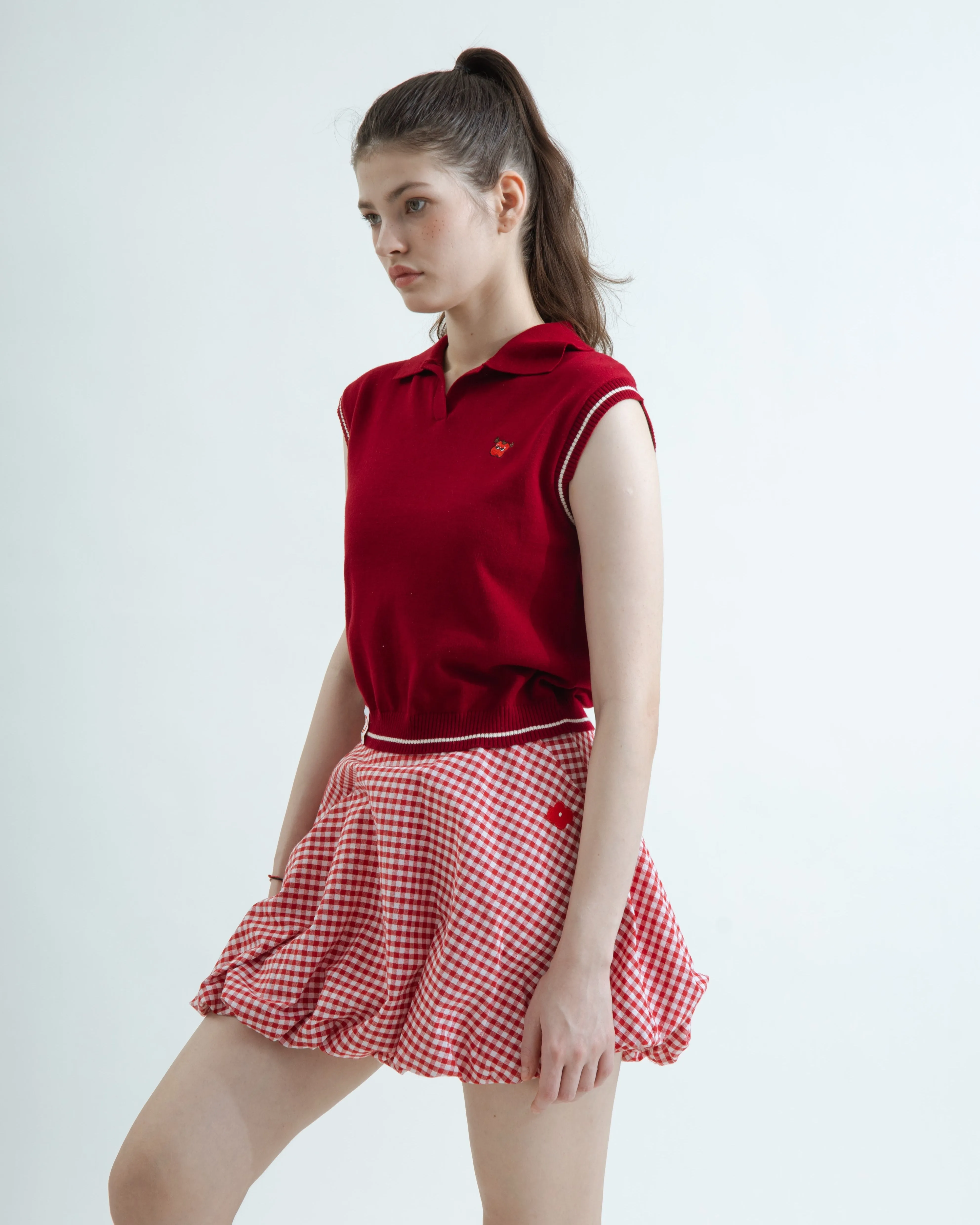 LULU Embroidery Contrast Trim Collared Knit Top (Red)
