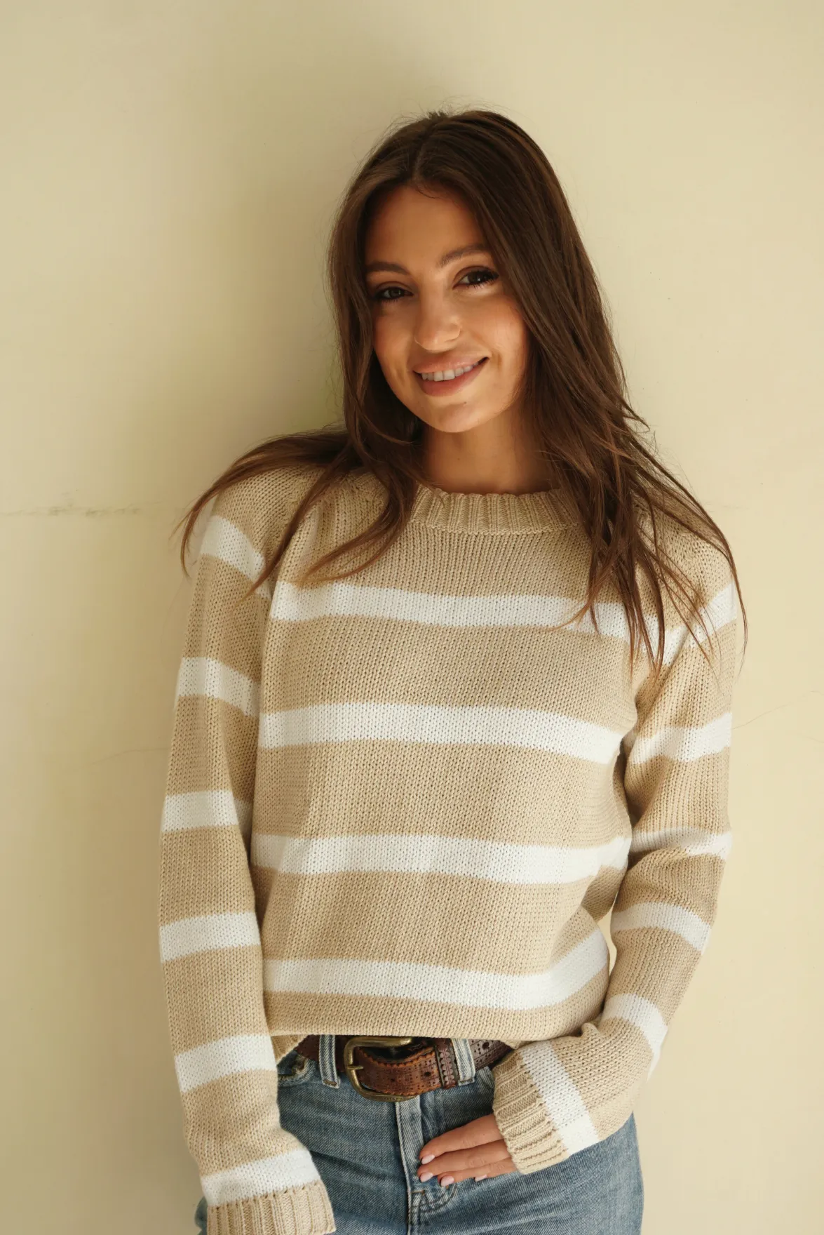Stripe Sloane Crewneck in Sand Dune
